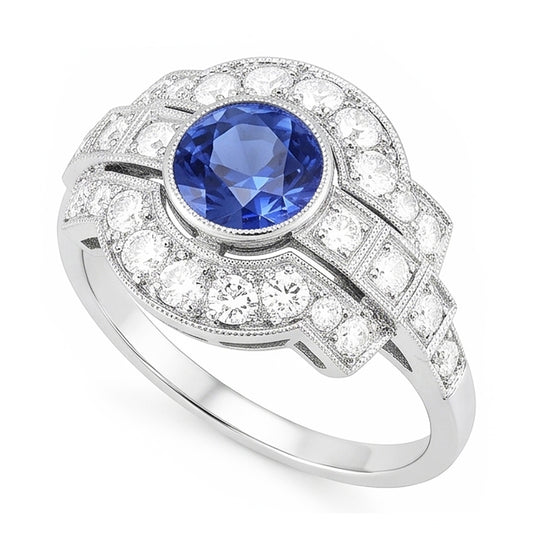 Naturel Halo Diamond Ring Bezel Set Ceylan Sapphire 2.50 Carats Milgrain Shank