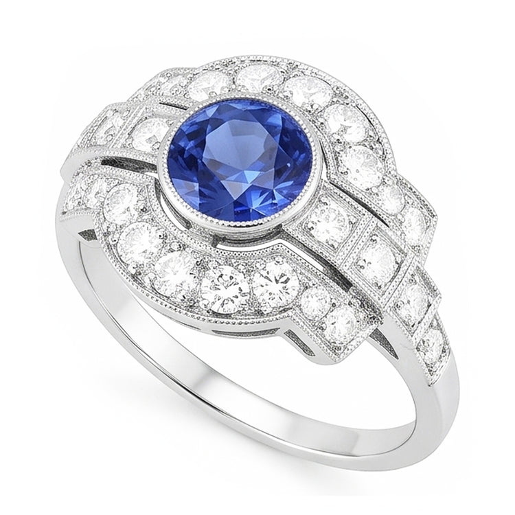 Naturel Halo Diamond Ring Bezel Set Ceylan Sapphire 2.50 Carats Milgrain Shank