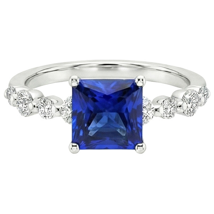 Nouvelle bague en or avec saphir bleu naturel taille princesse avec accents 4 carats
