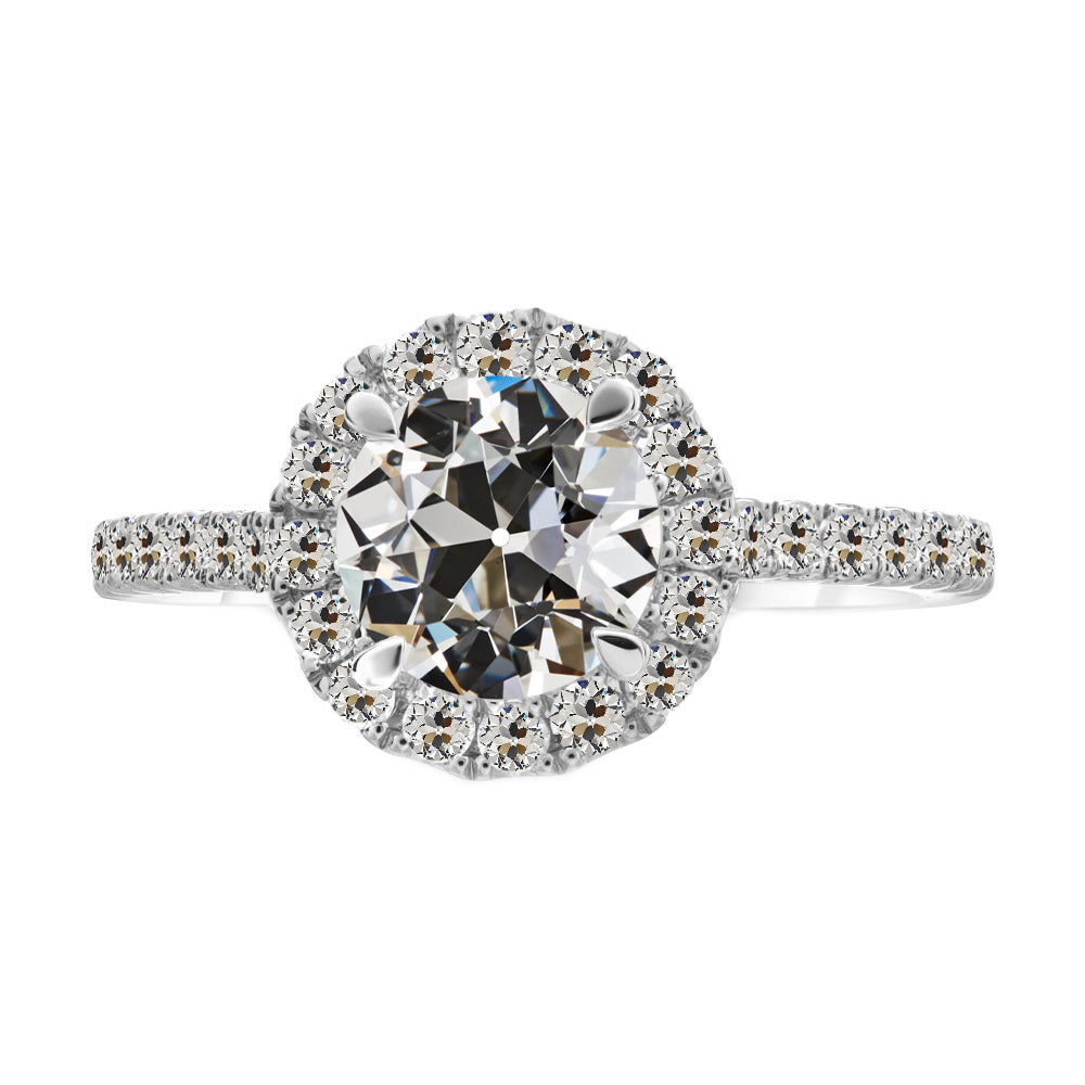 Diamant Fin Taille Old Mine Bague Sertie Halo en Or 14K Blanc – vue principale