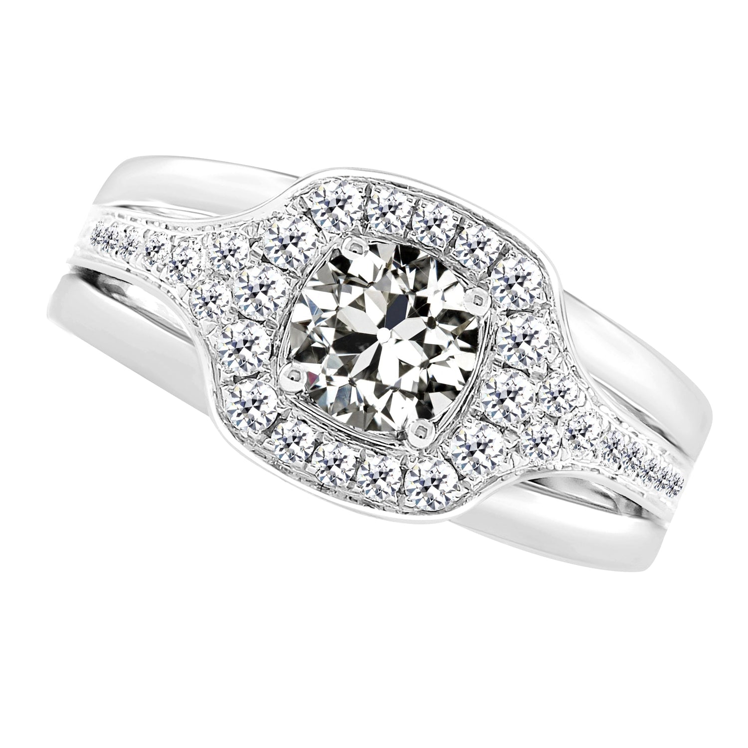 Diamant Coussin Antique Bague Sertie Halo en Or Blanc 14 Carats – vue principale