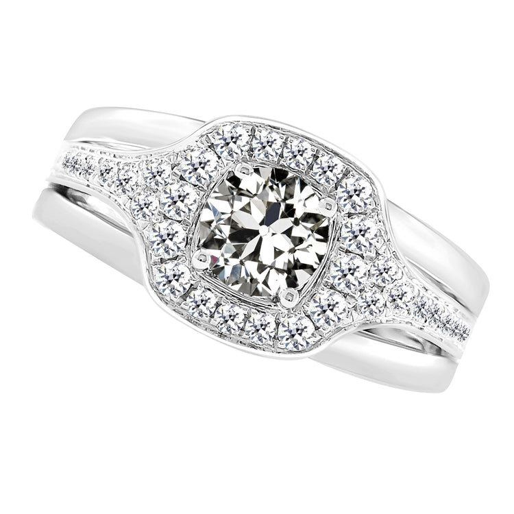 Diamant Coussin Antique Bague Sertie Halo en Or Blanc 14 Carats – vue principale