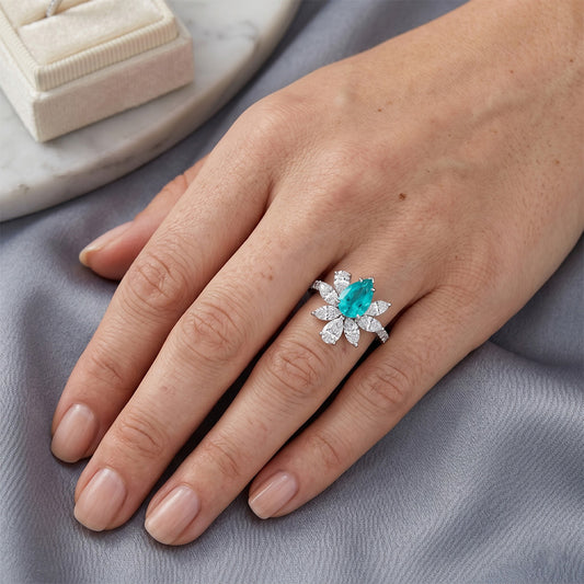 Or 14K Blanc VVS Tourmaline Paraiba Bague Halo 1,25 carats