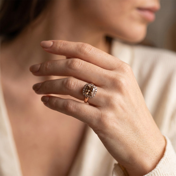 Or 14K Rose Diamant Désert Diamant Bague Halo 2 carats