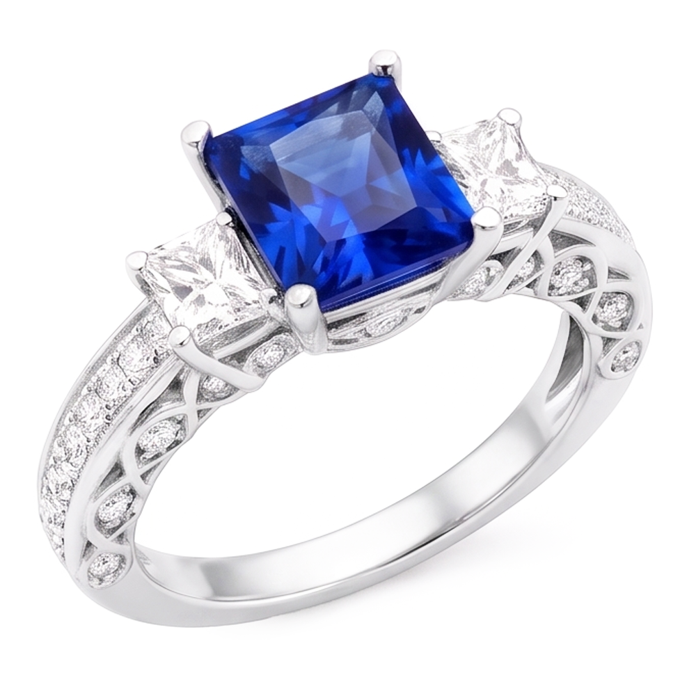 Or Blanc 14 Carats Saphir Bleu Royal Bague Pierre de Couleur
