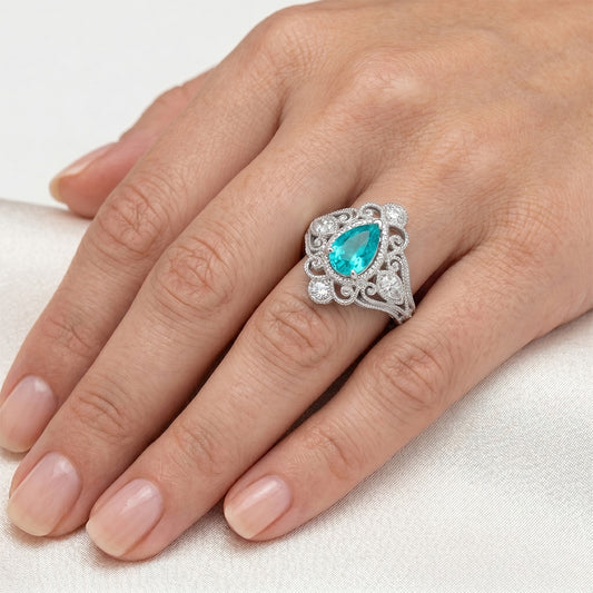 Or Blanc 14 Carats Vintage Paraiba Néon Bague Halo 1 carats