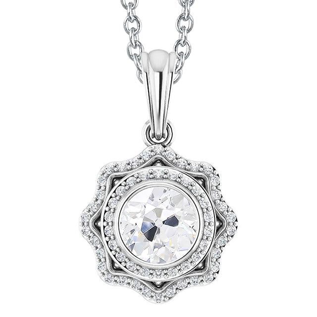 Or Halo Véritable Diamant Pendentif Lunette Ronde Vieux Miner Fleur Style 3 Carats