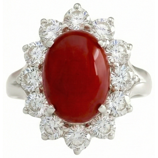 Or blanc 16,50 ct. Bague Solitaire Avec Accent Corail Rouge & Diamants Naturels Extraits des Mines ( et non cultivés en laboratoire )