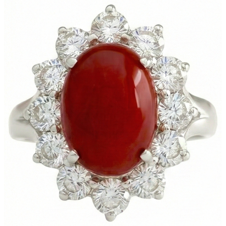 Or blanc 16,50 ct. Bague Solitaire Avec Accent Corail Rouge & Diamants Naturels Extraits des Mines ( et non cultivés en laboratoire )