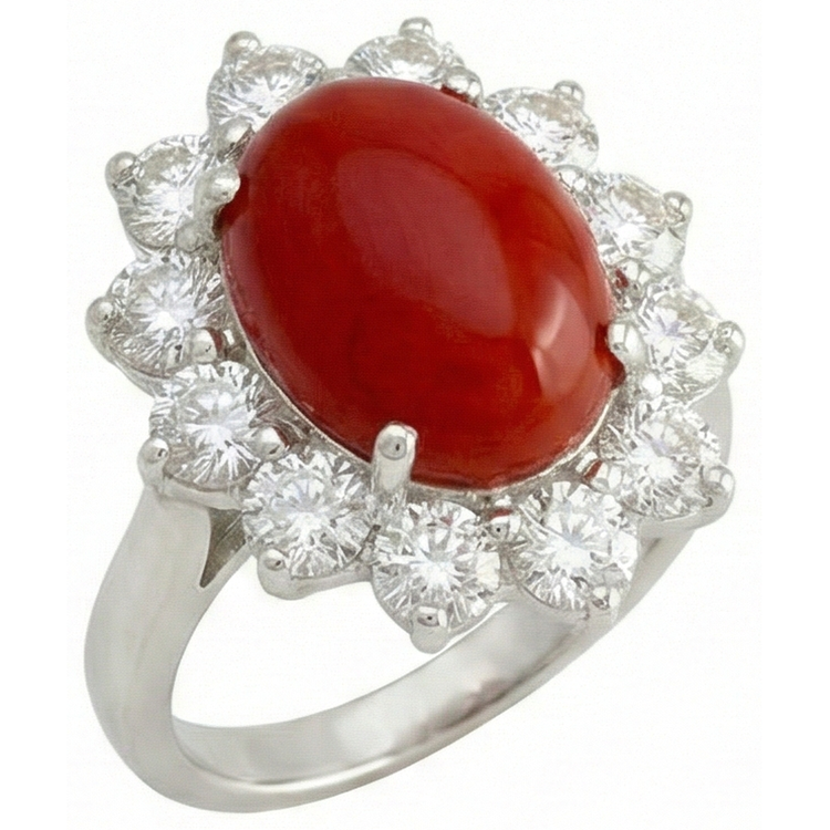 Or blanc 16,50 ct. Bague Solitaire Avec Accent Corail Rouge & Diamants Naturels Extraits des Mines ( et non cultivés en laboratoire )