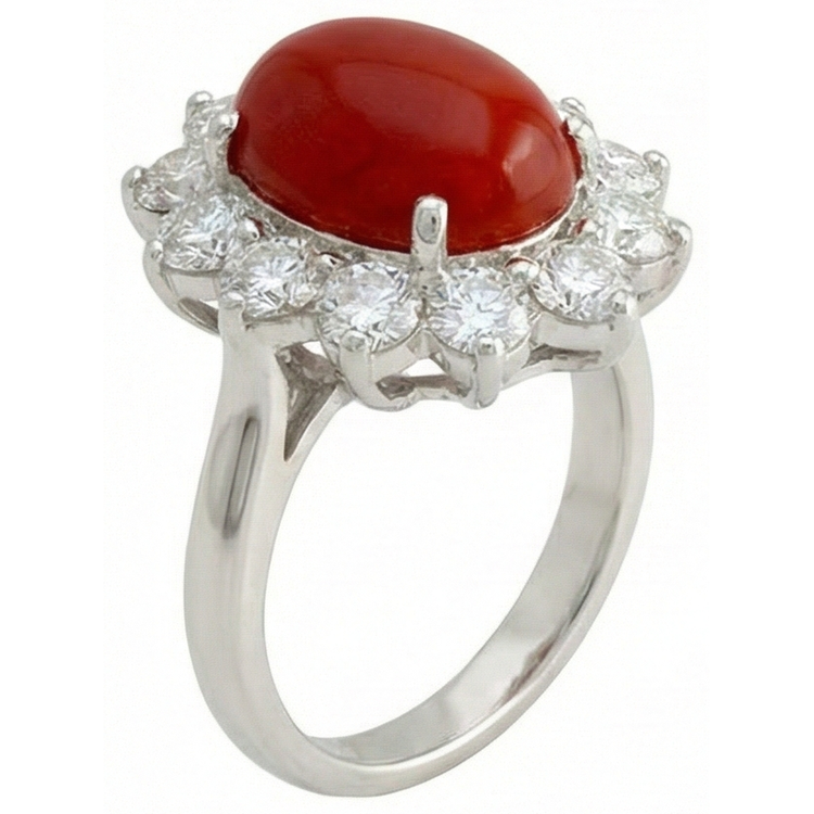 Or blanc 16,50 ct. Bague Solitaire Avec Accent Corail Rouge & Diamants Naturels Extraits des Mines ( et non cultivés en laboratoire )