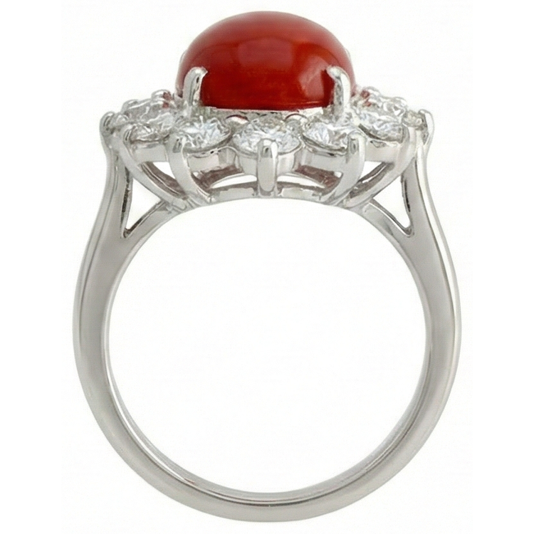 Or blanc 16,50 ct. Bague Solitaire Avec Accent Corail Rouge & Diamants Naturels Extraits des Mines ( et non cultivés en laboratoire )