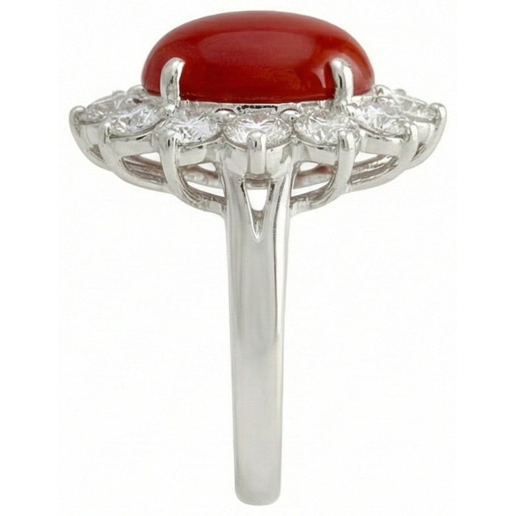 Or blanc 16,50 ct. Bague Solitaire Avec Accent Corail Rouge & Diamants Naturels Extraits des Mines ( et non cultivés en laboratoire )