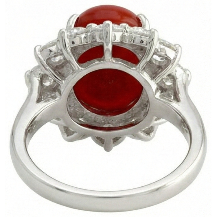 Or blanc 16,50 ct. Bague Solitaire Avec Accent Corail Rouge & Diamants Naturels Extraits des Mines ( et non cultivés en laboratoire )