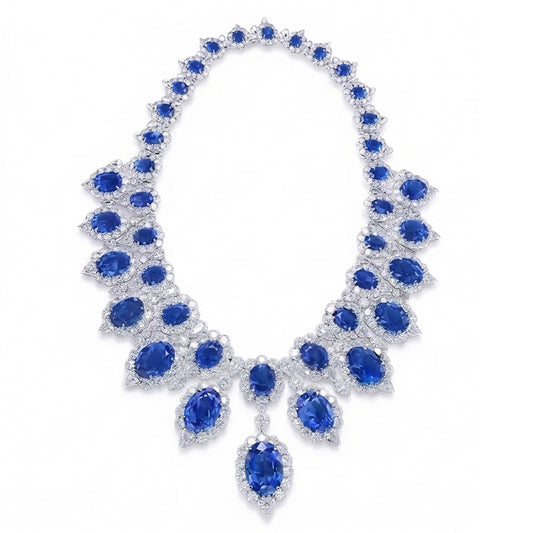 Or blanc 291.17 Ct. Bijoux Collier Saphir Bleu & Diamant Naturels Extraits des Mines ( et non cultivés en laboratoire ) Blanc