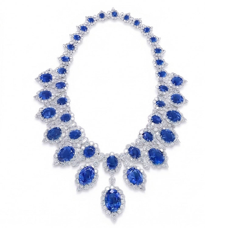 Or blanc 291.17 Ct. Bijoux Collier Saphir Bleu & Diamant Naturels Extraits des Mines ( et non cultivés en laboratoire ) Blanc