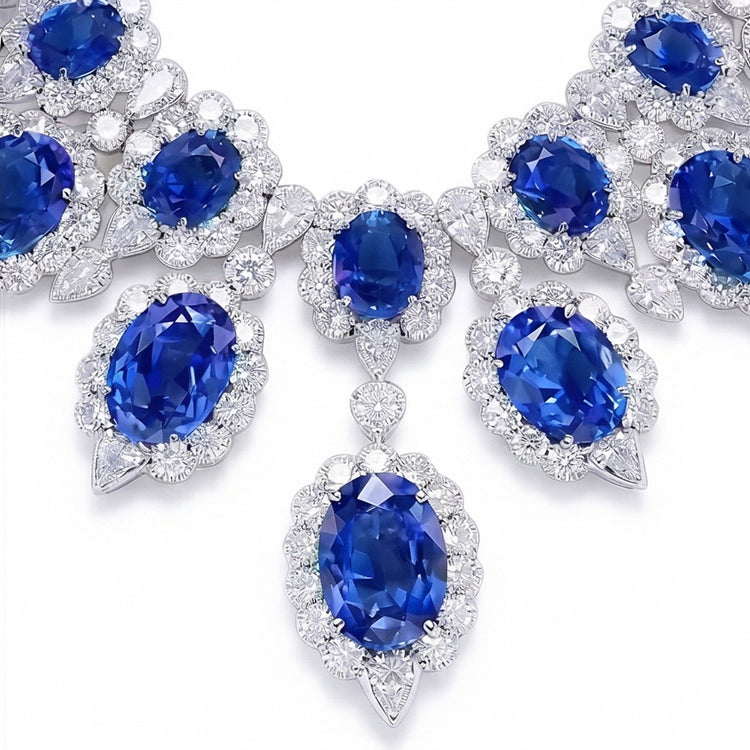 Or blanc 291.17 Ct. Bijoux Collier Saphir Bleu & Diamant Naturels Extraits des Mines ( et non cultivés en laboratoire ) Blanc