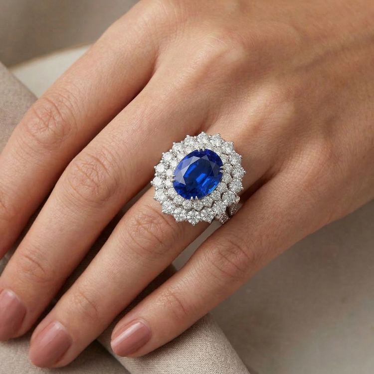 Or blanc 14 carats 10 carats. Bague Saphir Coussin Et Diamants Naturels Extraits des Mines ( et non cultivés en laboratoire ) Ronds