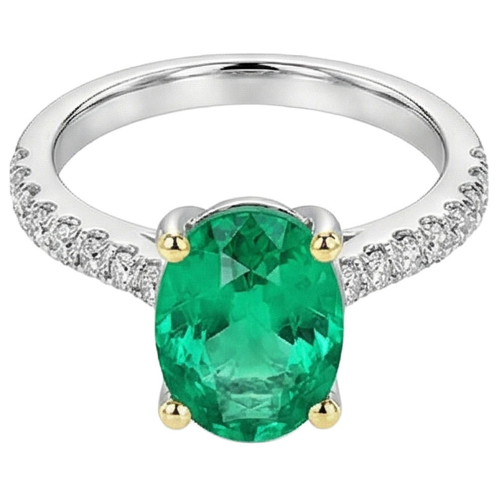 Émeraude Fine Bague Pierre de Couleur 3,50 carats Or 14K Bicolore – vue de profil