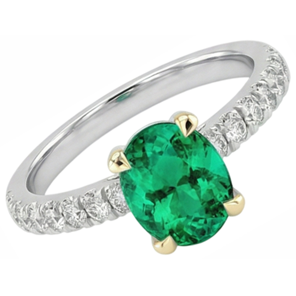 Émeraude Colombienne Taille Ovale Bague Pierre de Couleur en Or 14K Bicolore – vue d'angle