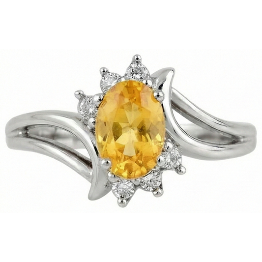 Oval Cut Yellow Sapphire And Round Diamonds Wedding Ring Gold 14K