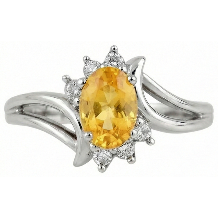 Oval Cut Yellow Sapphire And Round Diamonds Wedding Ring Gold 14K