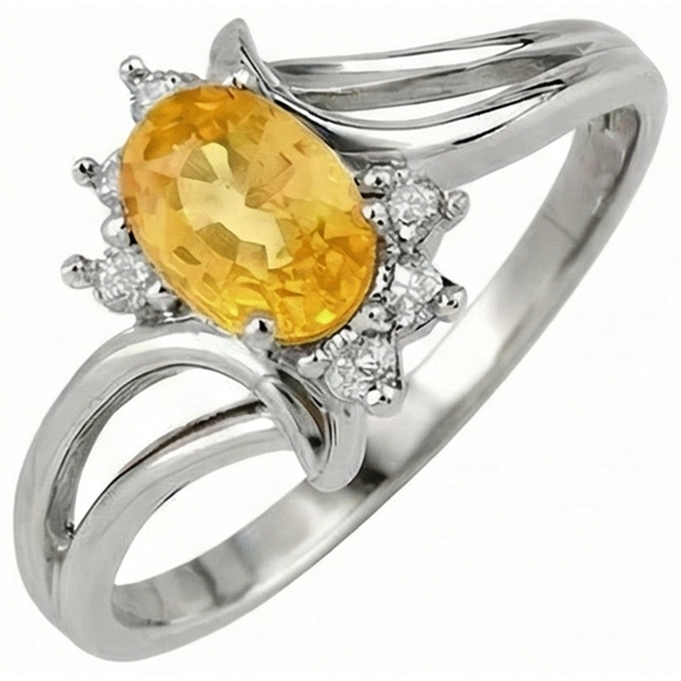 Oval Cut Yellow Sapphire And Round Diamonds Wedding Ring Gold 14K