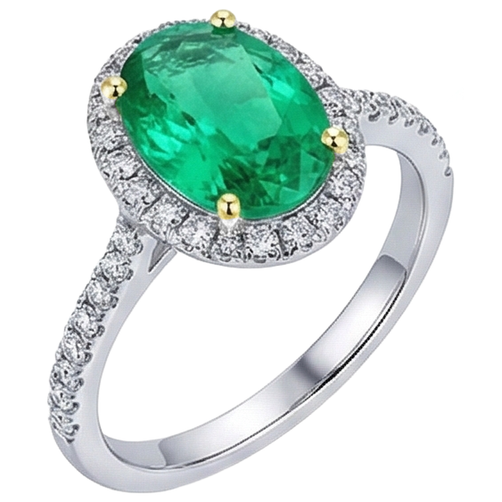 Émeraude Fine Ovale Bague Pierre Précieuse en Or Deux Tons 14 Carats – vue de face