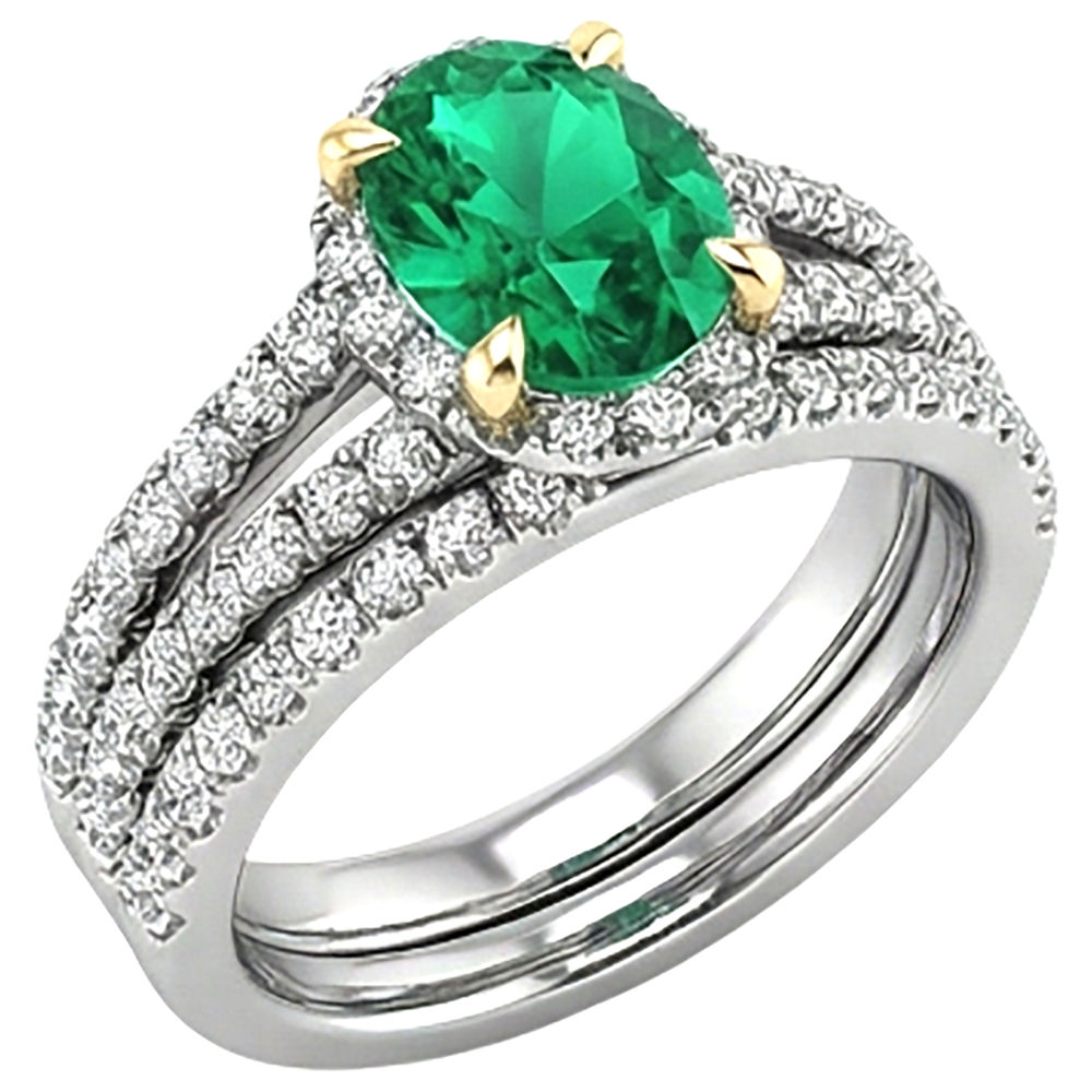 Bague avec Gemme Or Deux Tons 14 Carats avec Émeraude – vue d'angle