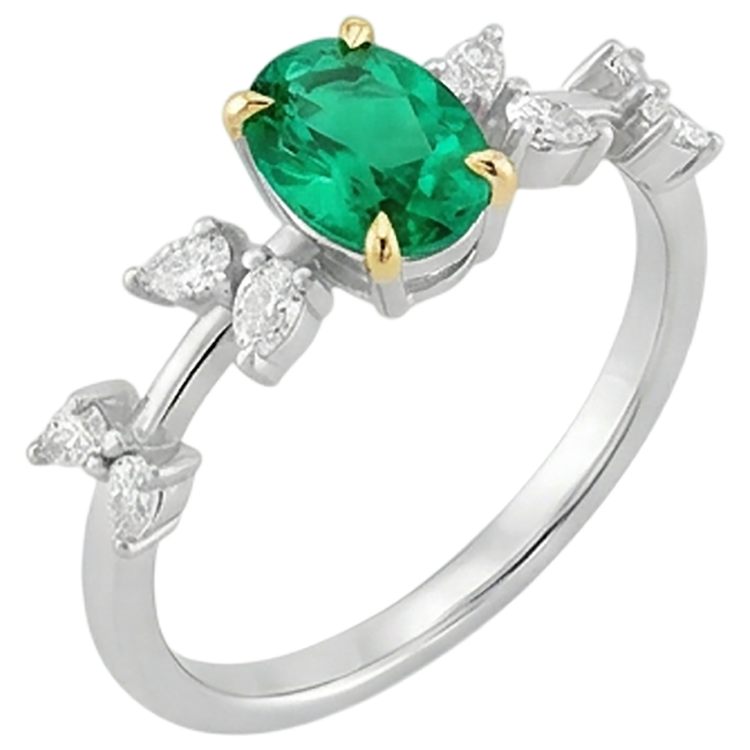 Émeraude Fine Bague Pierre de Couleur 2-carats Or Bicolore 14 Carats – vue d'angle