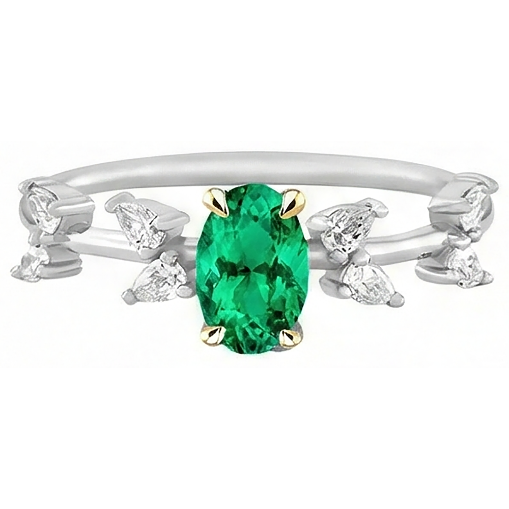Émeraude Fine Ovale Bague Pierre de Couleur en Or Bicolore 14 Carats – vue de côté