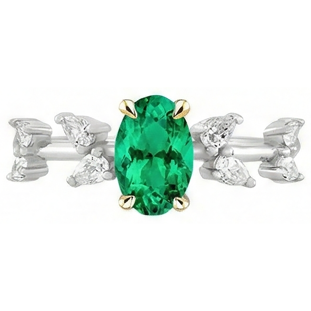 Émeraude Fine Ovale Bague Pierre de Couleur en Or Bicolore 14 Carats – vue de face