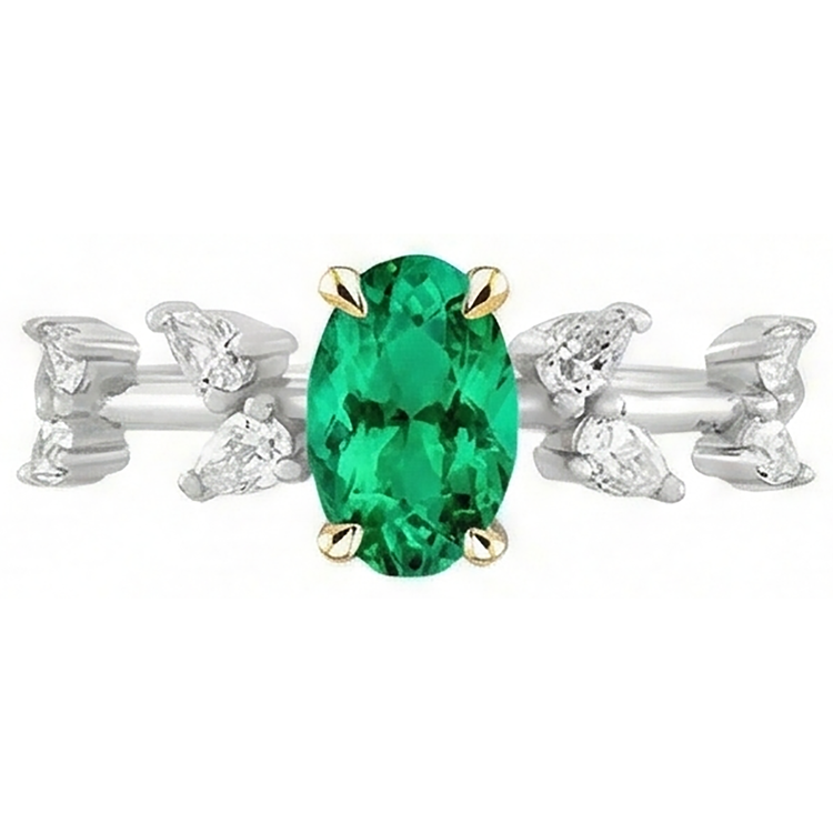 Émeraude Fine Ovale Bague Pierre de Couleur en Or Bicolore 14 Carats – vue de face