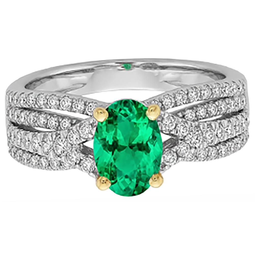 Bague Pierre Précieuse Or Bicolore 14 Carats avec Émeraude Fine – vue d'angle