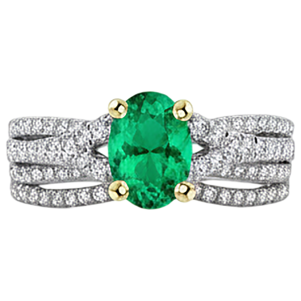Émeraude Fine Taille Ovale Bague Pierre Précieuse en Or Bicolore 14 Carats – vue de face