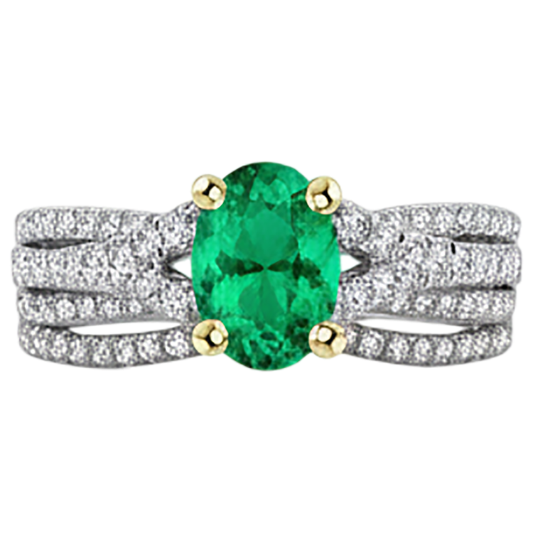 Émeraude Fine Taille Ovale Bague Pierre Précieuse en Or Bicolore 14 Carats – vue de face