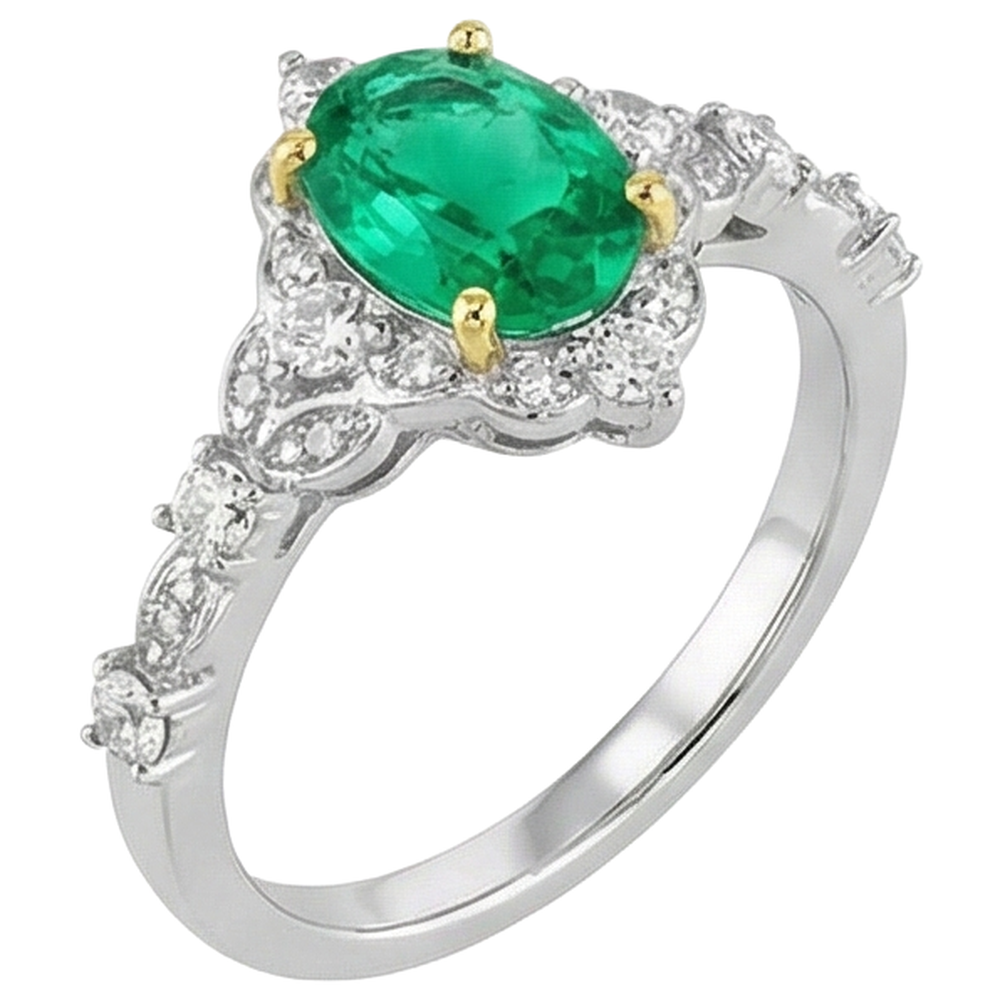 Émeraude Fine Ovale Bague Pierre Précieuse en Or Bicolore 14 Carats – vue de côté