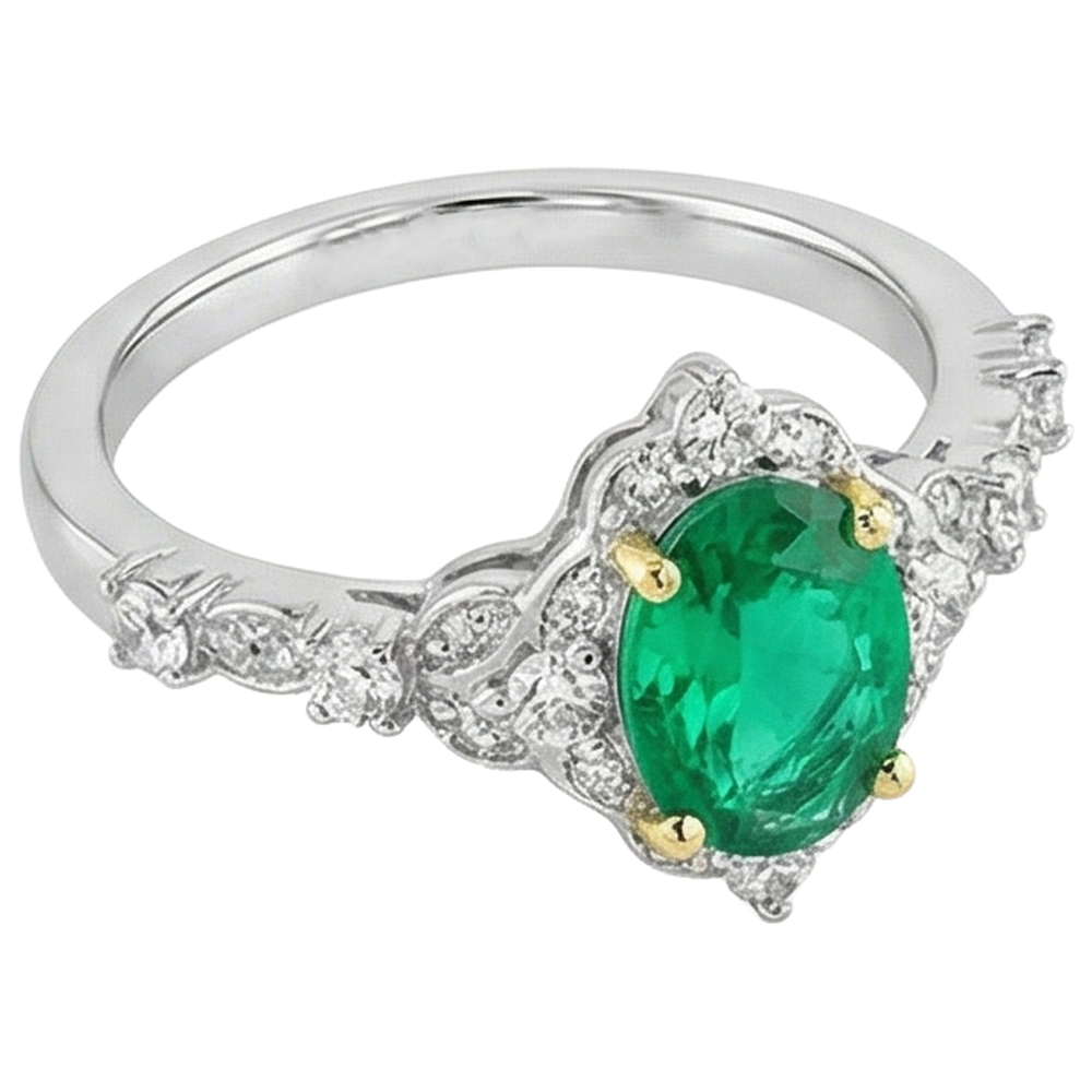 Ovale Émeraude Fine bague en Or Bicolore 14 Carats – vue d'angle