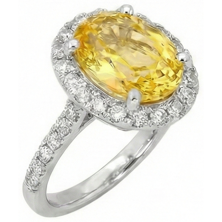 Oval Yellow Sapphire And Round Diamond Ring White Gold 3.5 Ct.