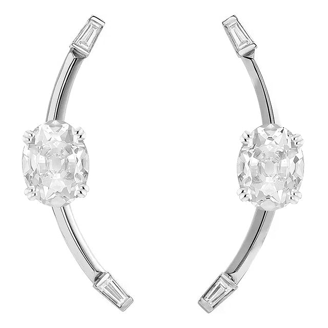 Boucles d'oreilles pendantes en Or Blanc avec diamants véritables Vieux Mineur ovale et baguettes, 5 carats