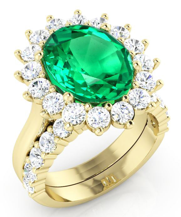 Ovale Vert Émeraude Avec Diamants Bague Ensemble