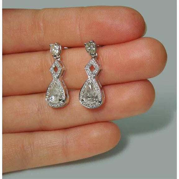 Paire De Boucles D'oreilles Pendantes Réel Diamant Poire Etincelante De 3.50 Carats WG 14K