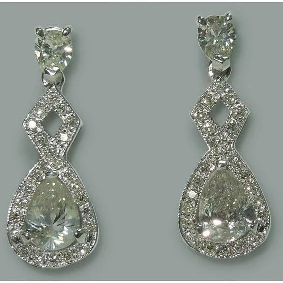 Paire De Boucles D'oreilles Pendantes Réel Diamant Poire Etincelante De 3.50 Carats WG 14K