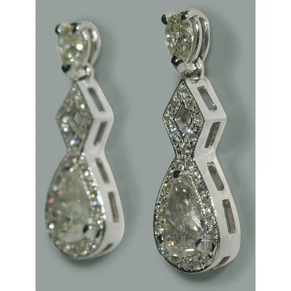 Paire De Boucles D'oreilles Pendantes Réel Diamant Poire Etincelante De 3.50 Carats WG 14K