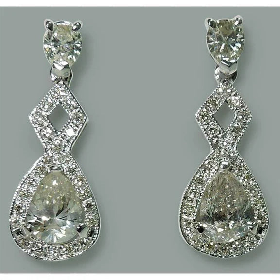 Paire De Boucles D'oreilles Pendantes Réel Diamant Poire Etincelante De 3.50 Carats WG 14K