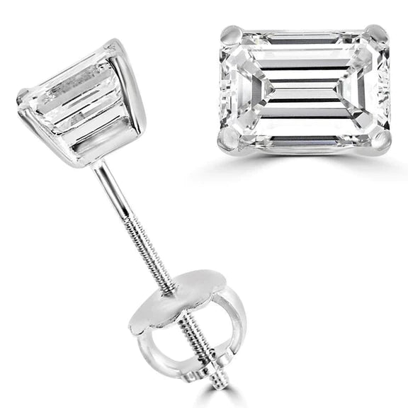 Paire De Clous d'Oreilles Réel Diamant Taille Emeraude 2 Carats En Or Blanc 14K