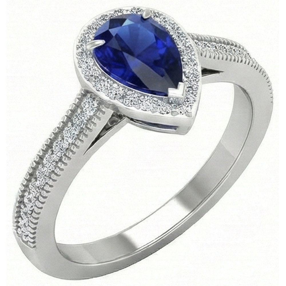 Saphir Bleu Royal Bague Pierre Précieuse 1-carats Or 14K Blanc – vue principale