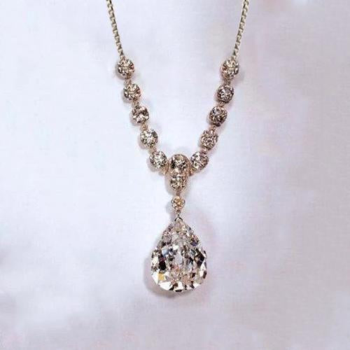 Pear Cut And Round Naturel Diamond Necklace Pendant 27 Carats White Gold 14K