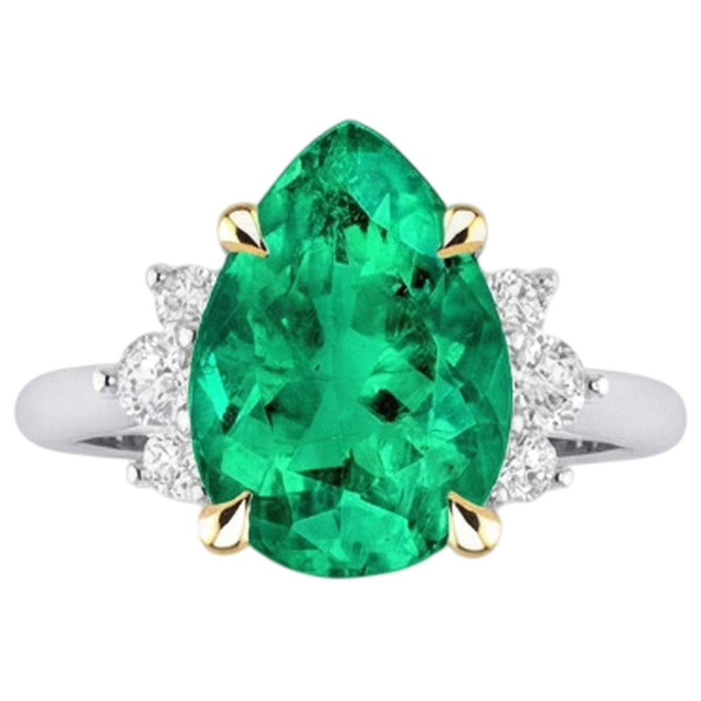 Émeraude Fine Goutte Bague Pierre de Couleur en Or 14K Bicolore – vue d'angle