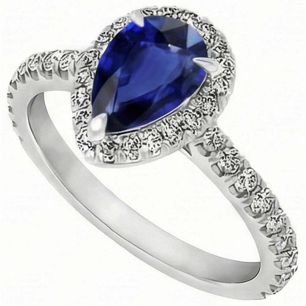 Taille Poire Saphir Bleu bague en Or Blanc 14 Carats – vue de côté